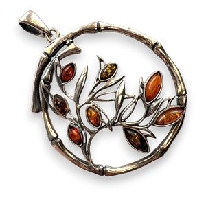 STERLING SILVER 925 Baltic Amber Round Tree Pendant Vintage